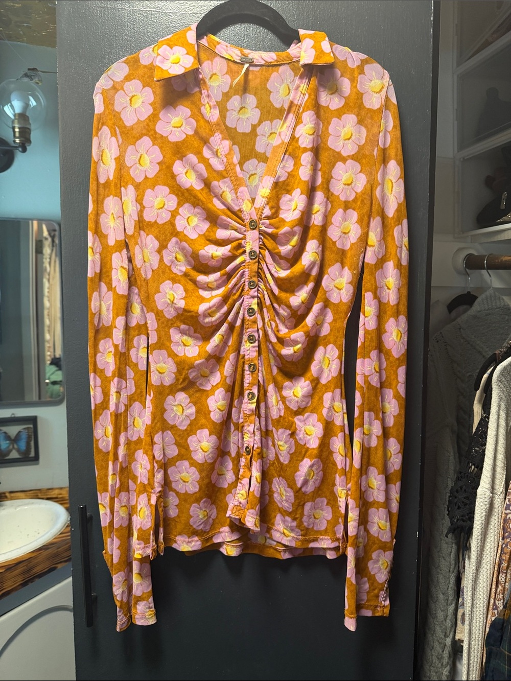 Free People Pink Floral Ruched Button-Down Shirt on Burnt Orange
